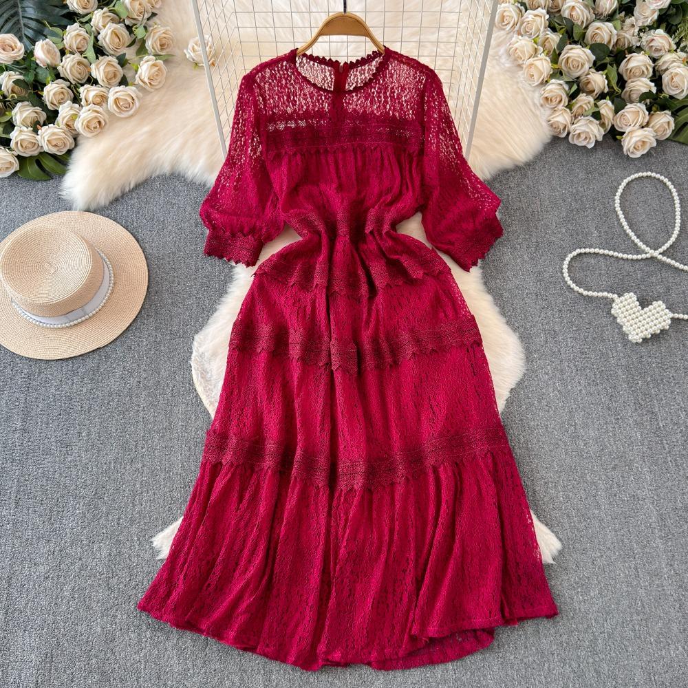 Talie înaltă cu decolteu, mânecă lanternă, mozaic, dantelă, scobită, rochie nouă, slim, în stil franțuzesc.