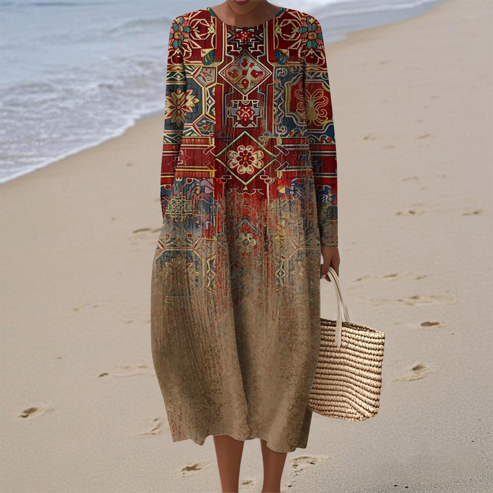 

Women s Fashionable Casual Long-Sleeved Round Neck Retro Geometric Print Elegant Dress L