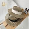 Travel Natural seagrass hollow flat brim hat ladies summer porkpie concave round sun hat beach straw hat with ribbon sale