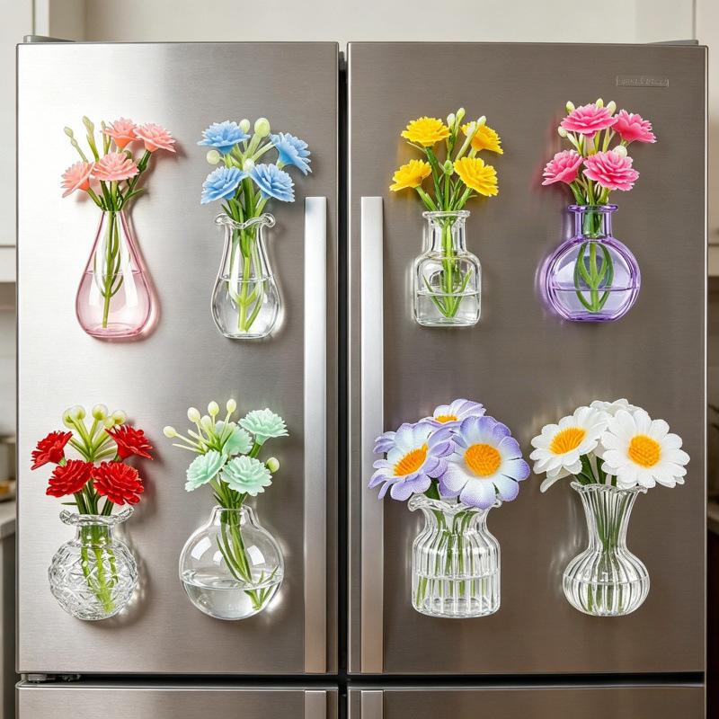 Mini Glass Vase Fridge Magnets 8-Pack DIY Artificial Flower Fridge Magnets Creative Decorative Magnetic Flower Pot Home Kitchen Decor
