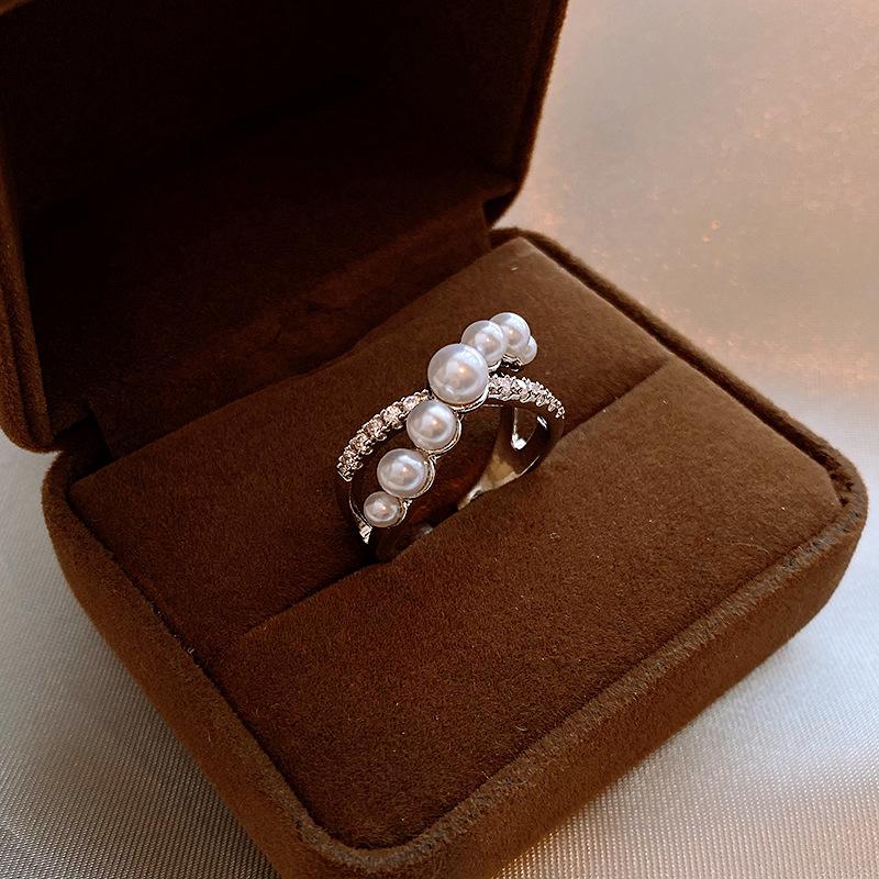 Zircon cross pearl open ring personality versatile index finger ring French fashion new jewelry women