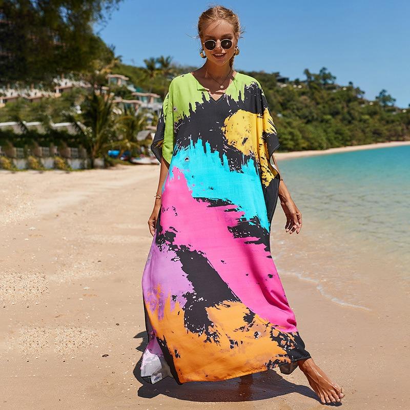 New Printed Robe Beach Resort Loose Plus Size Beach Dress Bikini Swimsuit Smock for Women