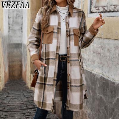 Women's Fashion Casual Plaid Print Autumn Winter Long Sleeve POLO Neck Jackets & Coats