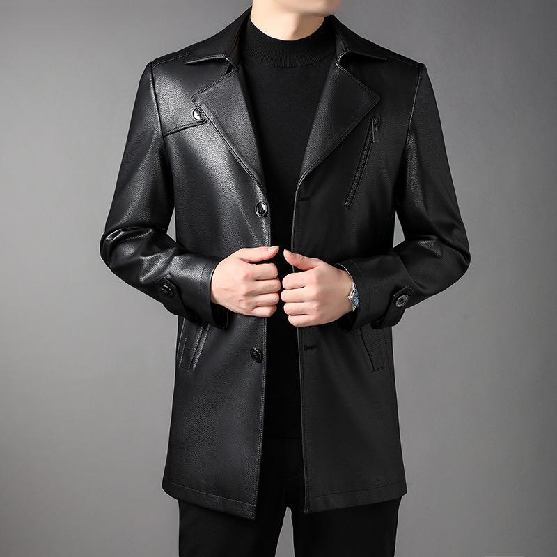 Jaqueta de Couro Veludo Média e Longa Masculina Outono e Inverno Nova Tendência da Moda Versão Coreana Gola de Terno de Botão Único Jaqueta de Couro para Meia-idade
