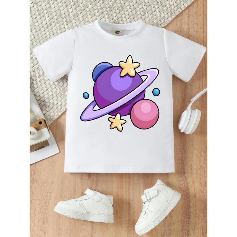 European sizes A Short-Sleeved Round Neck T-Shirt Featuring a Cartoon Planet Design, Perfect for Casual Outings And Daily Wear for Girls