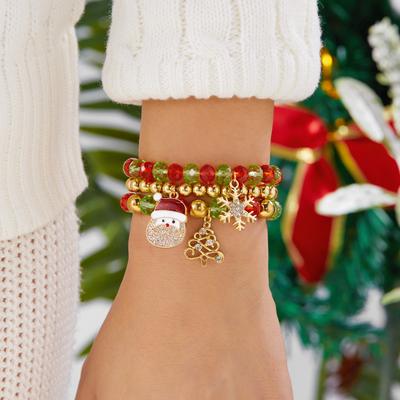 3pcs/set Christmas Red Green Crystal Beaded Bracelets for Women Santa Claus Snowflake Pendant Bracelets New Year Jewelry
