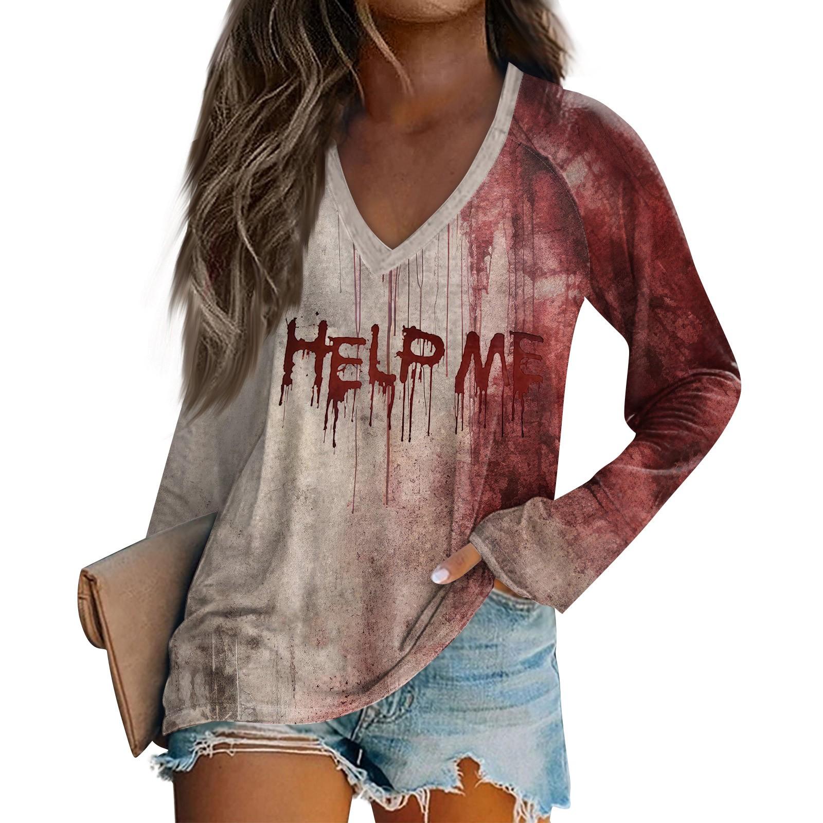 

Женская футболка с длинным рукавом и V-образным вырезом с принтом на Хэллоуин, повседневные базовые топы S винный