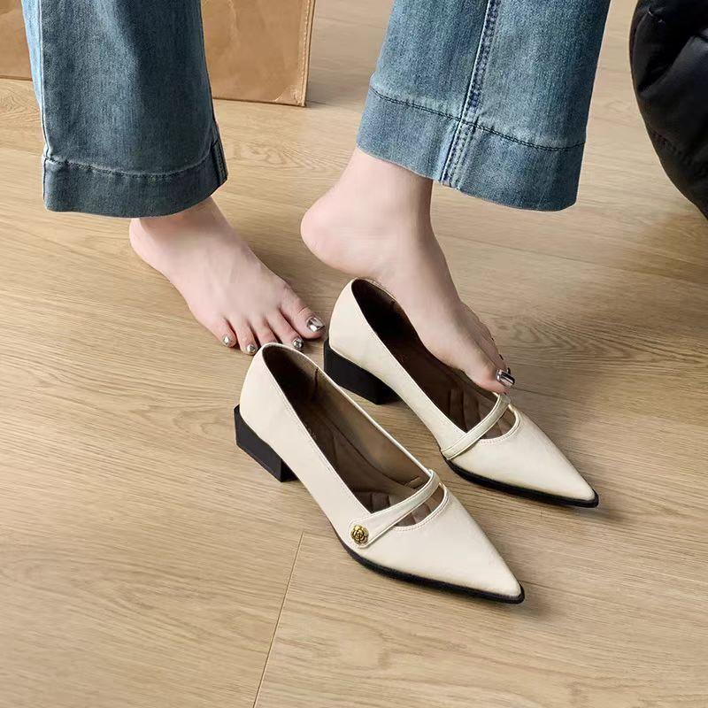 

New camellia versatile pointed head light mouth high heel commuter shoes black thick heel Mary Jane shoes 42