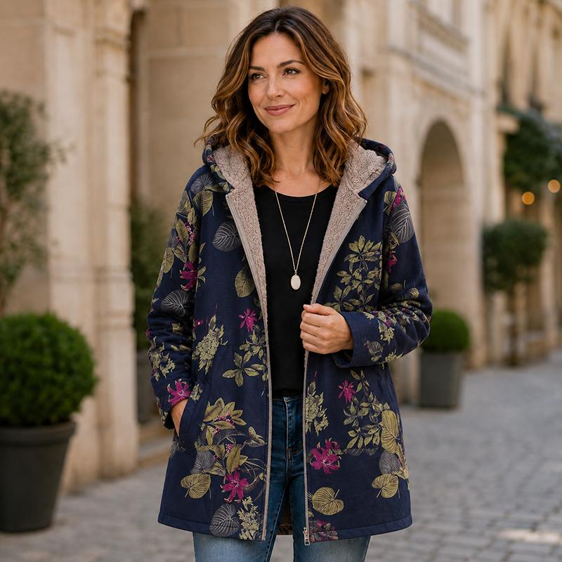 Women Bohemian Printed Hooded Coat, Fleece Lined Zip‑Up Mid‑Length Jacket, Ethnic Mandala Pattern Warm Outerwear with Pockets for Ladies