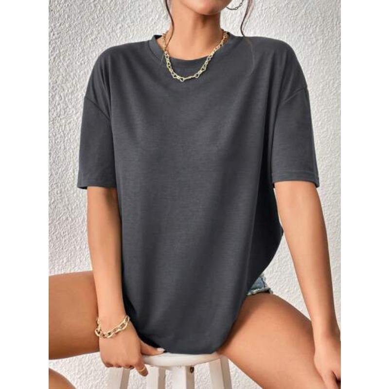 

Женская весенне-летняя однотонная повседневная футболка с круглым вырезом и коротким рукавом M темно-серого