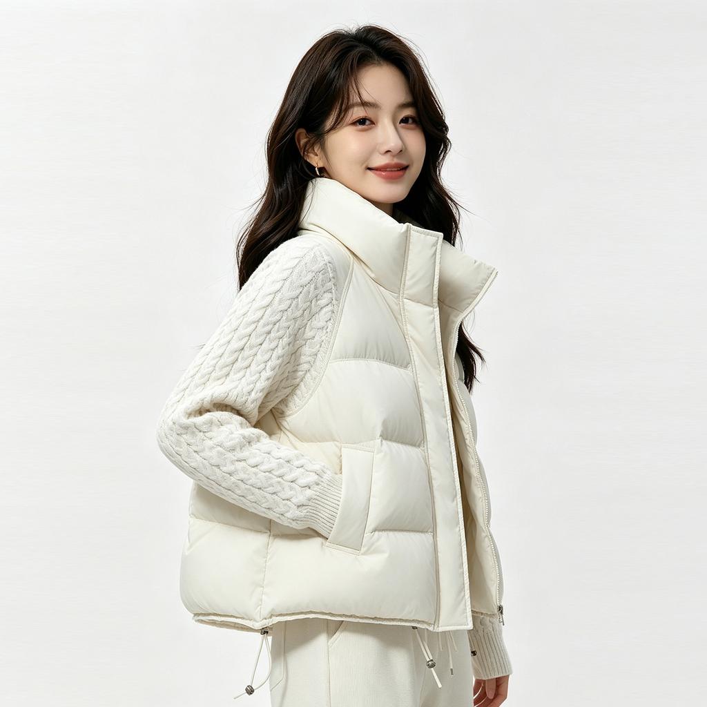 Simple style fake two-piece cotton-padded coat women's twist knitted sleeves stand-up collar short winter coat direct supply