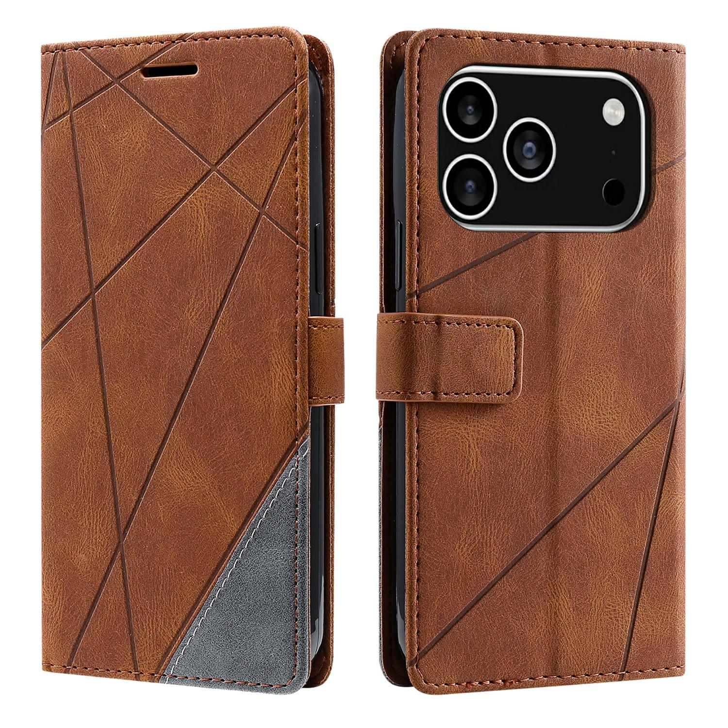 

For iPhone 17 Pro Case Imprinted Lines PU Leather Splicing Wallet Phone Cover Brown