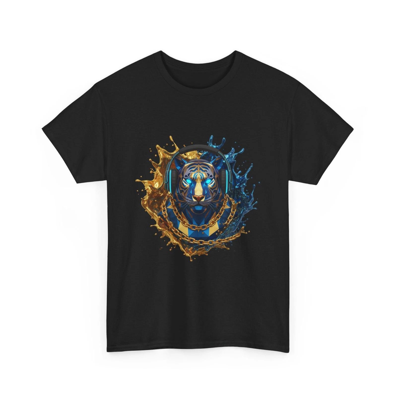 Golden Blue Lion Artwork T-Shirt | Splash Lion Headphones, Cool T-Shirt, Cotton 3XL