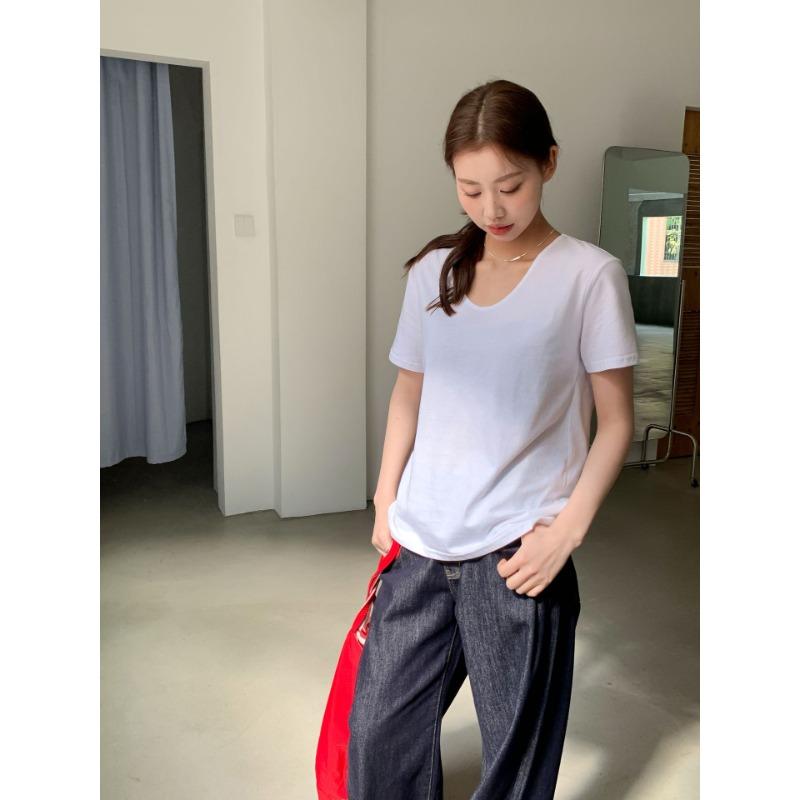 

V-neck Short-sleeved T-shirt for Women Loose Pure Cotton Korean Summer New Solid Color Base Shirt Underwear XL белый