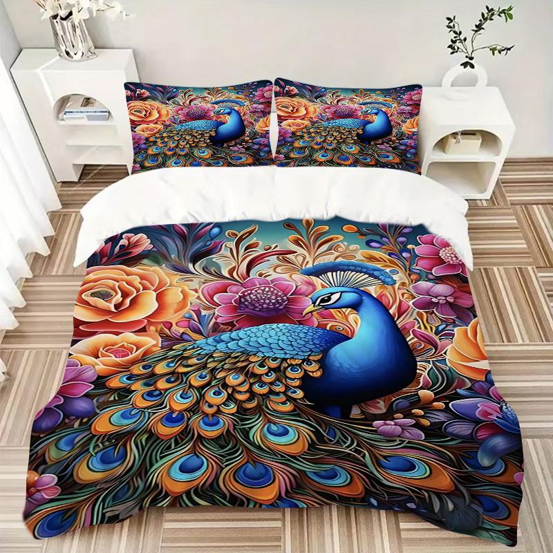 3pcs Peacock Feather Print Duvet Cover Set - Includes 1 Duvet Cover and 2 Pillowcases, No Quilt Core, All-Season Home Decor yy251111073