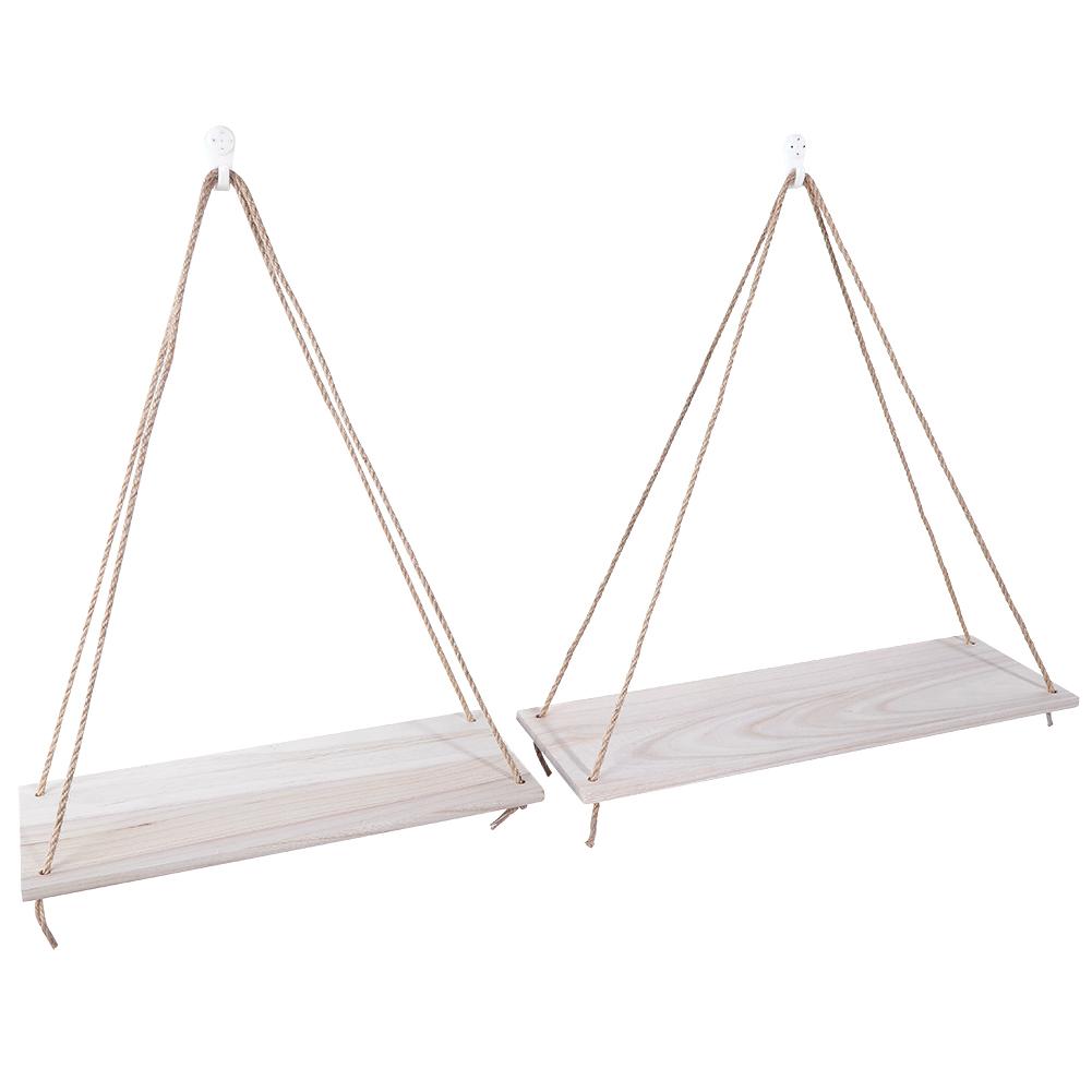 2pcs Wooden Wall Storage Rack Sling Rope Hanging Plant Flower Pot Shelves Home Decorations