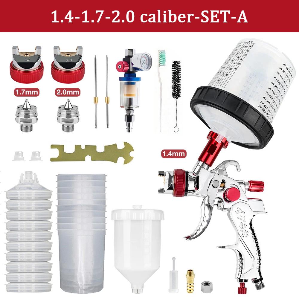 HVLP Spray Gun 1.4+1.7+2.0mm Nozzle Kit with Air Regulator Filters +10PCS No-clean Paint Mixing Cups High Quality Spray Gun