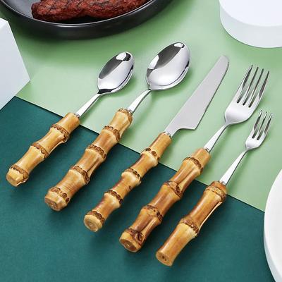 20/30 Peças Conjunto de Louça de Bambu Cabo de Aço Inoxidável Natureza Talheres Retro Facas de Bife Garfo de Mesa Colher Sobremesa Presente