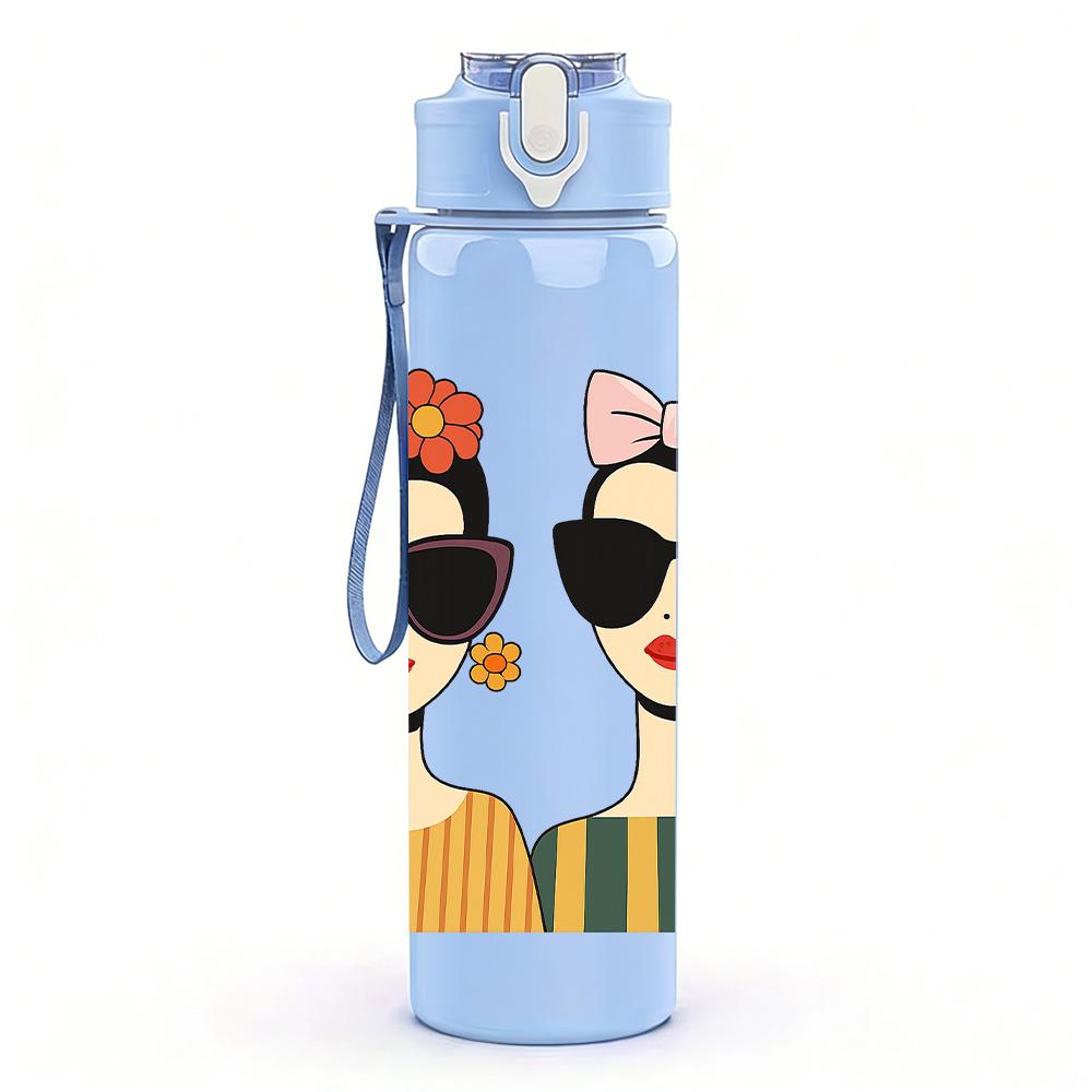 1PC Two Fashion Lady Portrait 750ml Color Plastic Sports Water Bottle Leakproof Flip Straw Lid For Sports Office Home Use