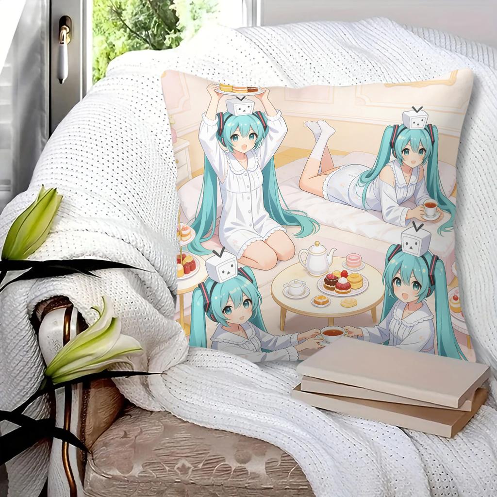 Hatsune Miku Print Short Plush Throw Pillow/Sofa Cushion/Simple Nap Mat/Office Lumbar Support Cushion, Anime Home Decor