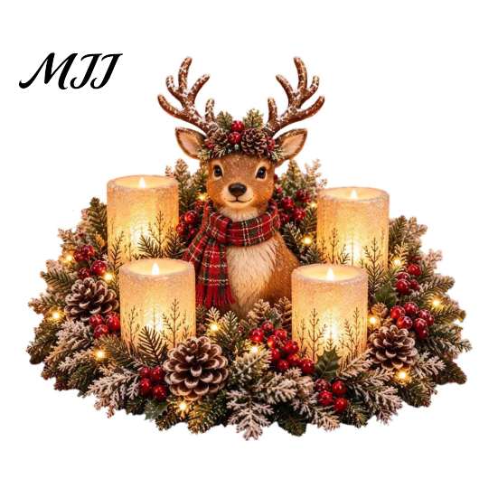 Decorative Evergreen Lamp Christmas Animal Candle Holder Figurine, Resin LED Flameless Holiday Centerpiece Light, Desktop Ornament for Mantel