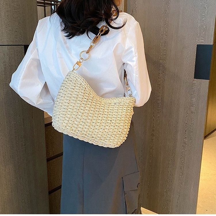 Summer Beach Vacation Straw Woven Bag for Women - Chain-Embellished Versatile Handheld Shoulder Bag