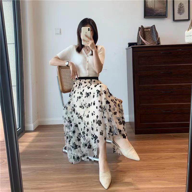 Koreańska spódnica tiulowa dla kobiet, modna, letnia, z haczykami, luźna spódnica midi w kwiaty, elegancka, kobieca, swobodna, dopasowana, siatkowa spódnica