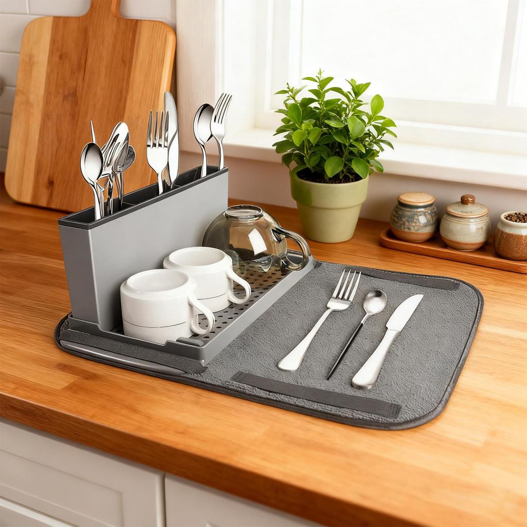 Dish Drying Mat Super Absorbent Non-Slip with Utensil Holder Dish Racks for Kitchen Counter for Cup Plate Tableware Pots Pans