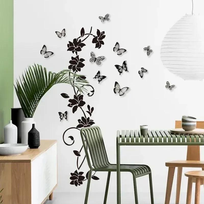 Creative 3D Butterfly Wall Sticker Black Flowers Vine Strips Living Room Background Room Wall Sticker Dark Style Home Decoration