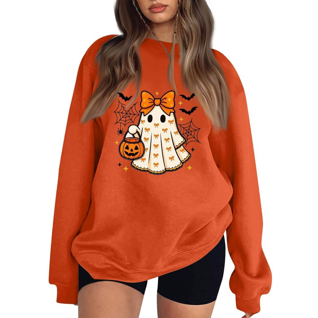 Women's Long Sleeve Neck Sweatshirt Loose Fit Casual Pullover Top with Small Halloween Print