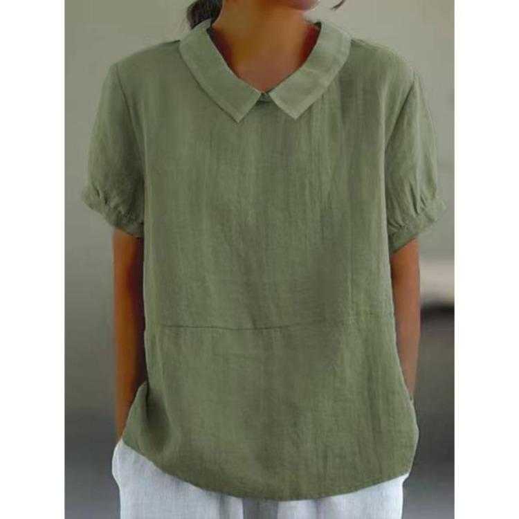 Summer Casual Blouse Peter Pan Collar Cotton Loose Ladies Shirt Short Sleeve Solid Color Breathable Womens Tops