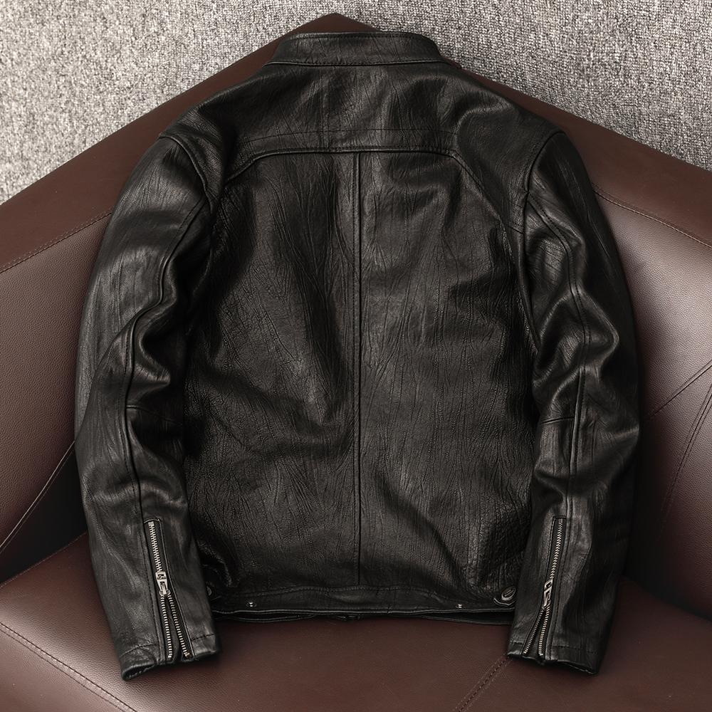 Italian Lambskin Vegetable Tanned Pure Top Grain Leather Jacket Men Retro Motorcycle Stand Collar Casual Coat