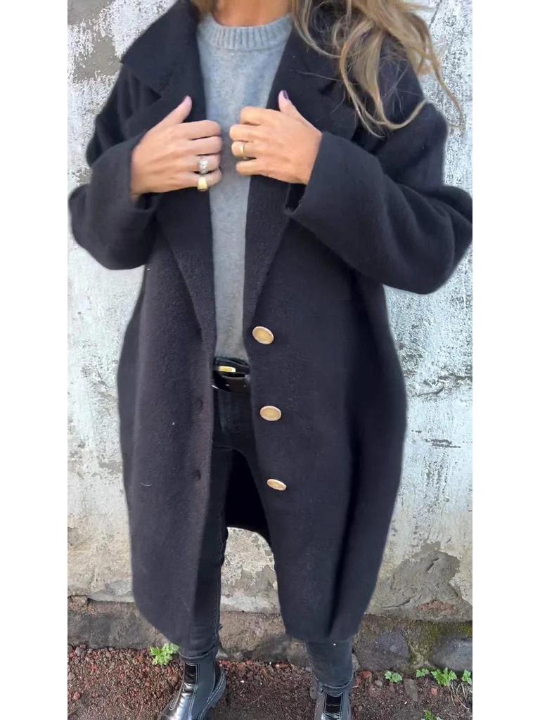 2024 Women's Autumn/Winter Long Sleeve Woolen Overcoat with Turn-Down Collar