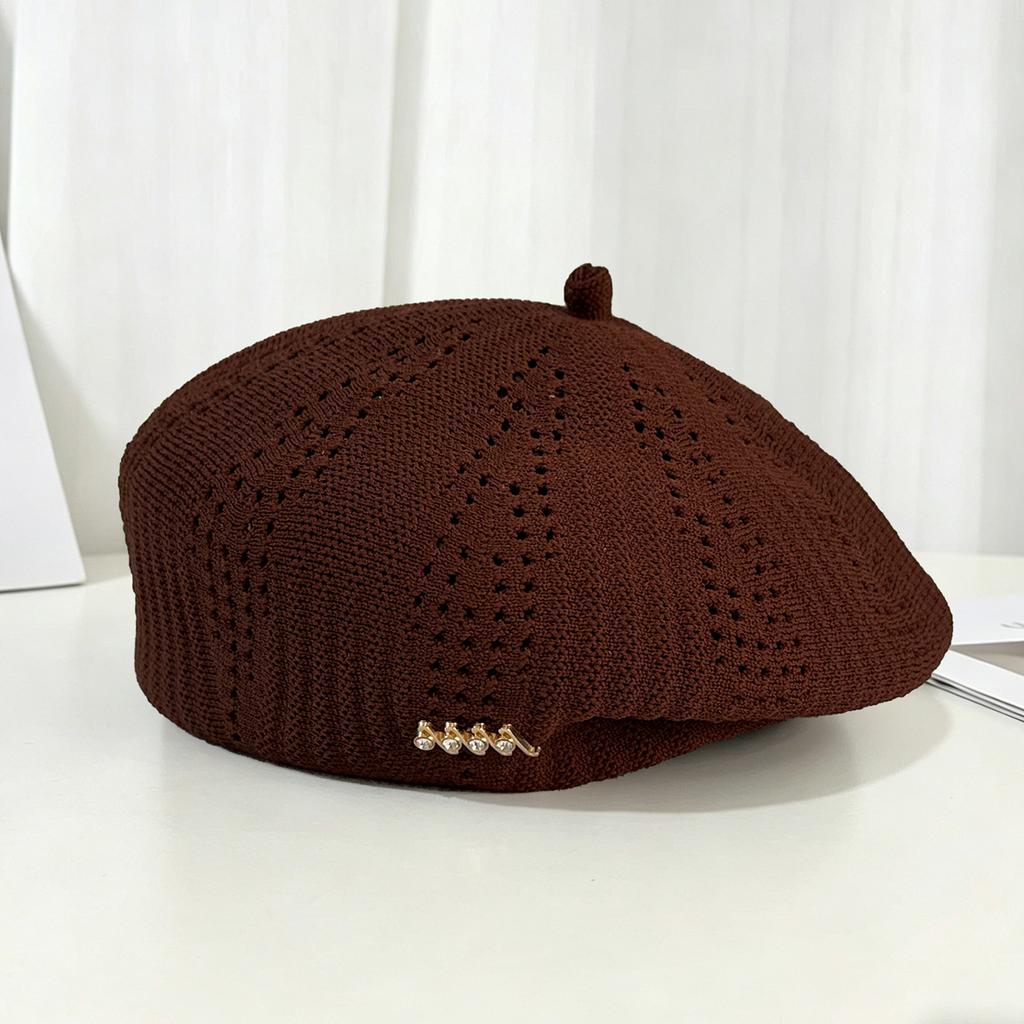 Elegant Japanese Style Hollowed Out Beret Hat Vintage Fashionable Weave Painter Hat Fresh Color Thin Crochet Knitted Cap Beach