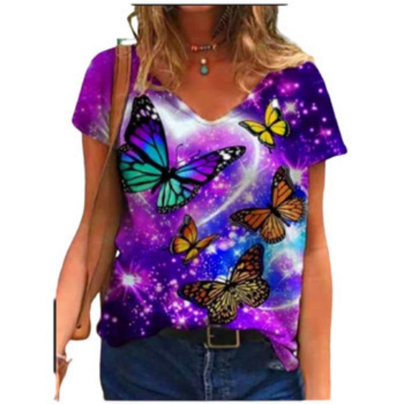 Sommer Schmetterling Libelle 3D V-Ausschnitt Bedruckt Neues Damen Top T-Shirt