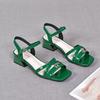 2025 New Summer Leather Sandals Women's Thick Heel Medium Heel Patent Leather Women's Shoes Summer Low Heel One-word Buckle with Flat Shoes