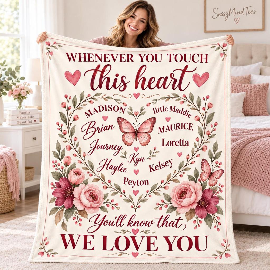 Personalized Family Blanket with Names, Custom Heart Fleece Throw, Long Distance Family Gift, Mom Grandma Gift, We Love You Blanket