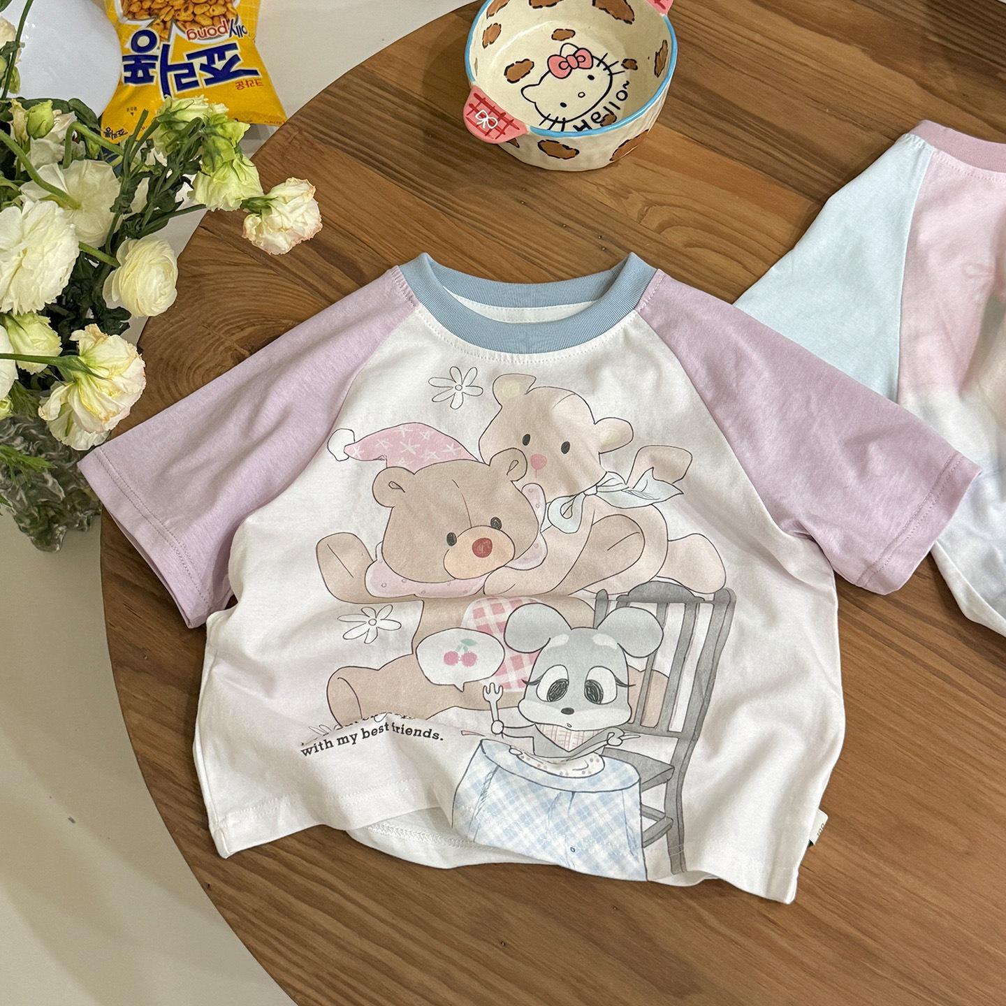 Kids Summer Cartoon Raglan Sleeve T-shirt, Sizes S-26, Girls Pure Cotton Cute Top, Korean Style 110 cm