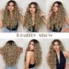 ALAN EATON Long Curly Lace Frontal Wig for Black Women Synthetic Blonde Wigs with Dark Roots Honey Brown Hair Lace Part Wig