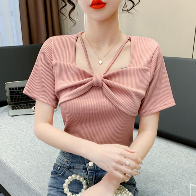 Short-sleeved T-shirt for Women's Latest Bow Design Versatile Slim Style Top for Women's