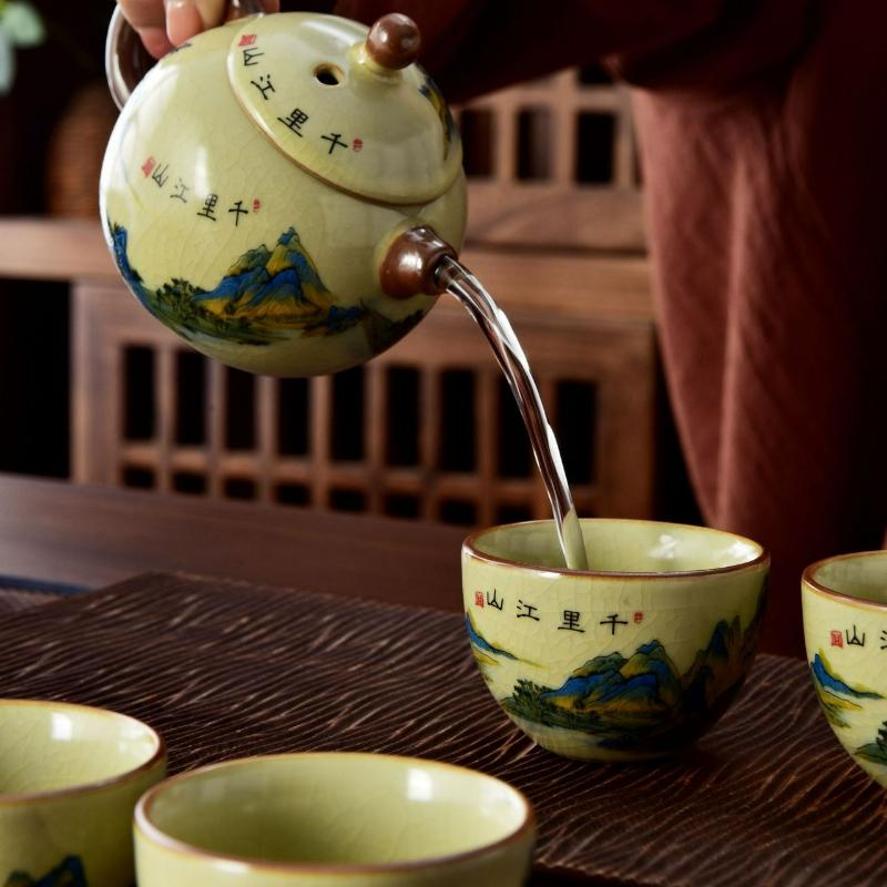 Ru Kiln Travel Tea Set One Pot Four Cups Retro Kung Fu Tea Set Ceramic Teapot Tea Cup Portable Outdoor Teaware Sets Leather Bag