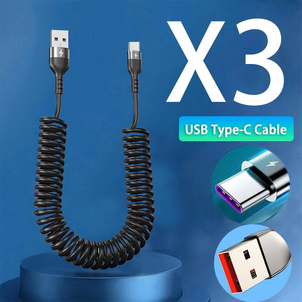 Car USB Type C/Type C to Type C/USB LIGHTNING Fast Charging Spring Telescopic Cable For iPhone 16 15 14 Samsung Xiaomi OnePlus