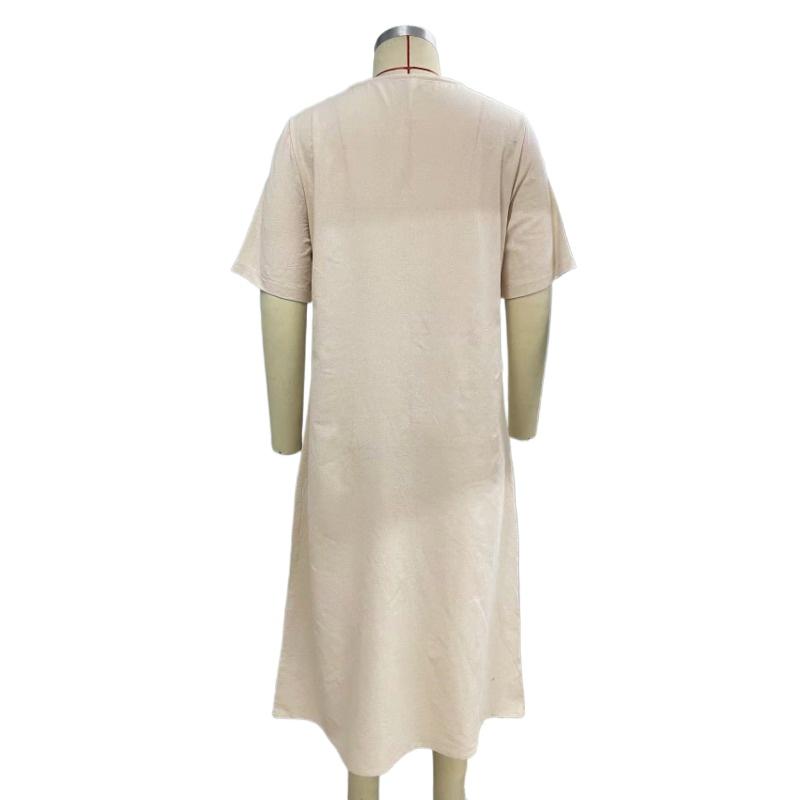 GMXIA Summer Women's Cotton Linen Solid Colour Loose O-Neck Short Sleeve Dress