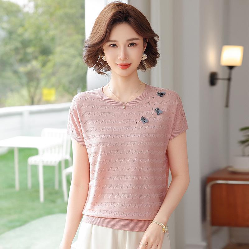

Elegant Ice Silk Short Sleeve Blouse for Middle-Aged Women - Perfect Mother s Day Gift 2XL (110-120 lbs) рожевий