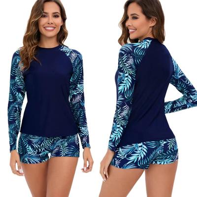 Women’s Two Piece Sporty Swimsuit Long Sleeve Bikini Set, Printed Swimwear with Boyshorts