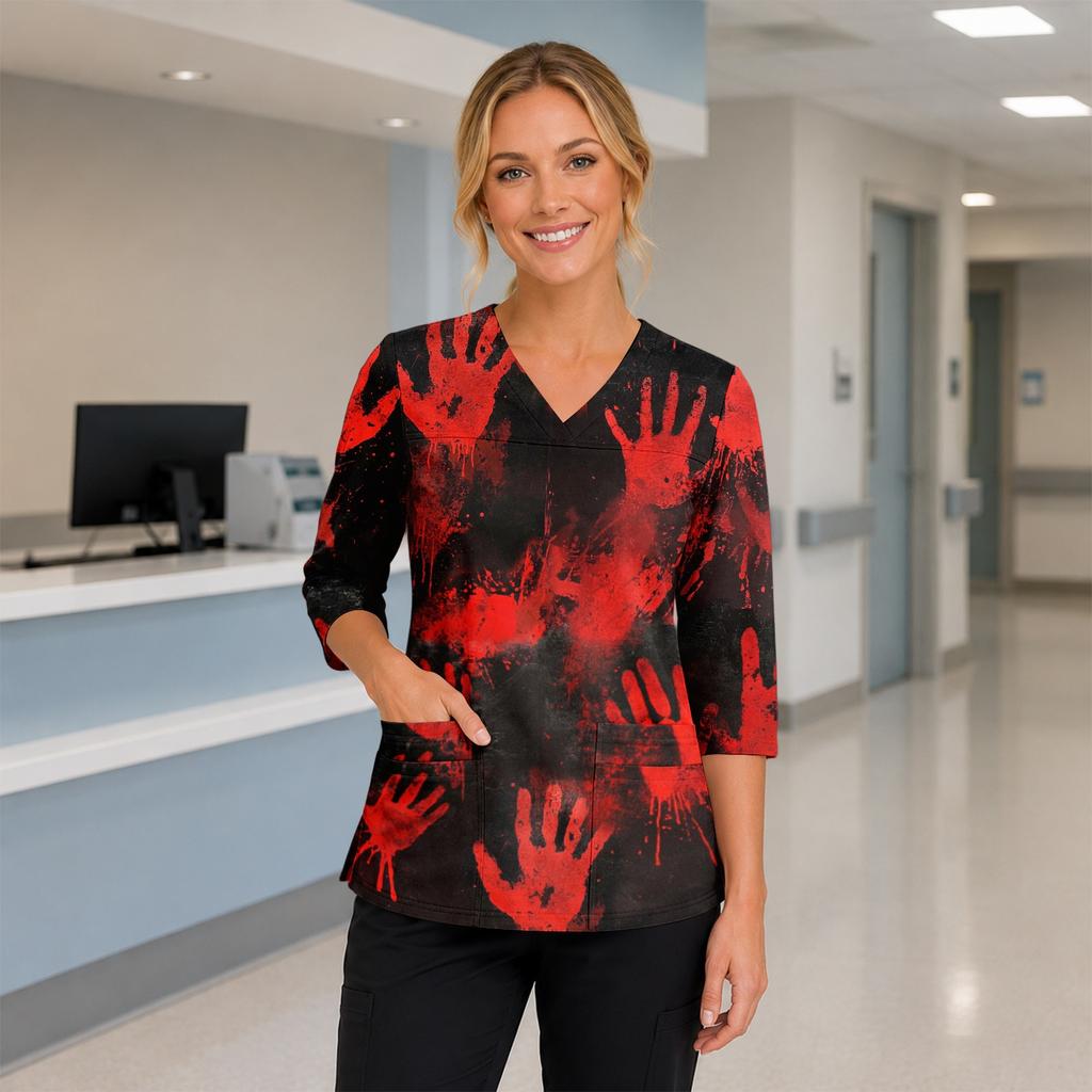 Womens Halloween Print V Neck Medical Scrub Top with Side Slits Three Quarter Sleeves and Front Pocket Nurse Uniform Shirt