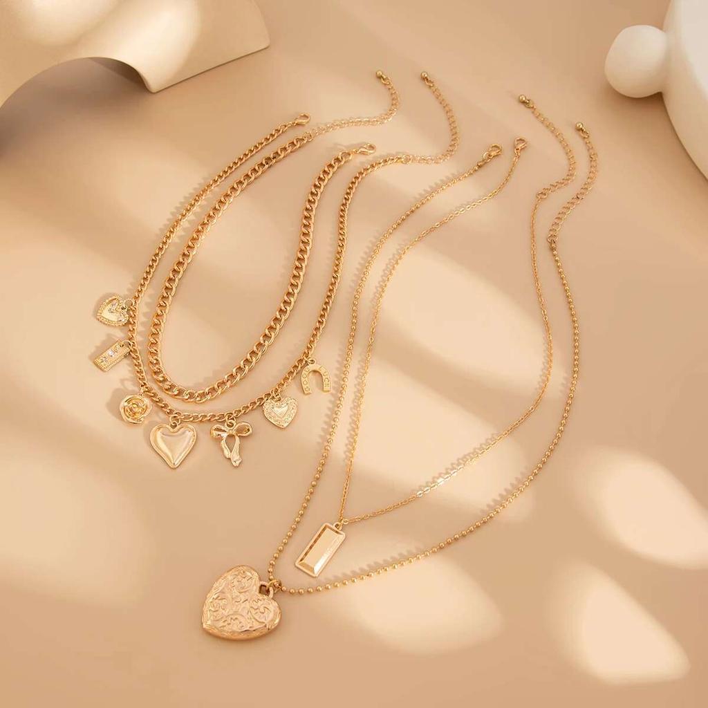 Salircon 4Pcs/Set Vintage Love Heart Bowknot Pendant Necklace for Women 2026 Trendy Punk Gold Color Metal Necklace Jewelry New