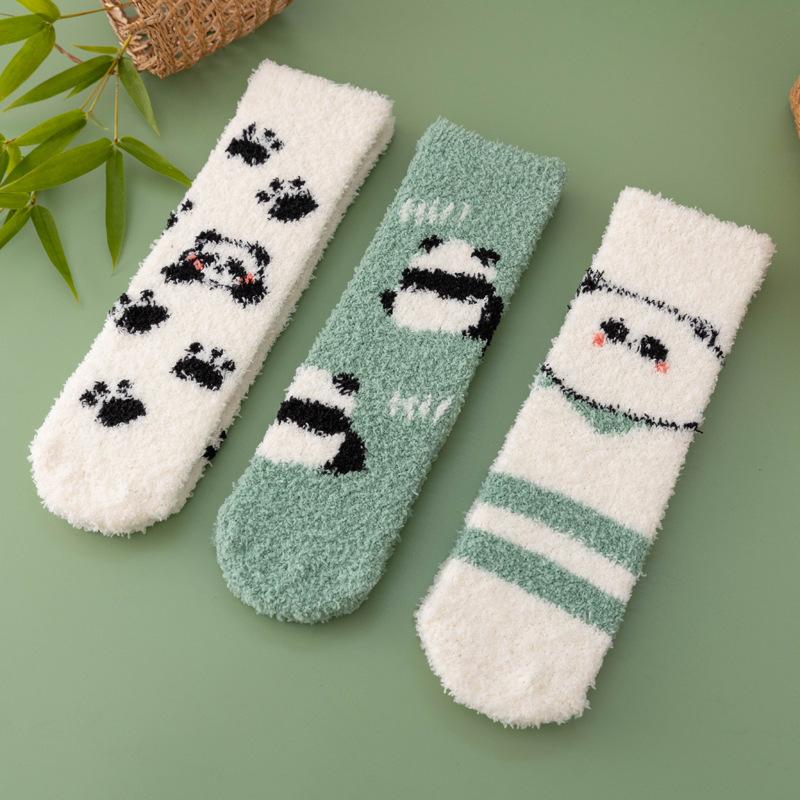 Autumn Winter Thickened and Warm Socks for Women in Cute Cartoon Panda Design Non Shedding Coral Velvet Socks for Home Use and Postpartum Care