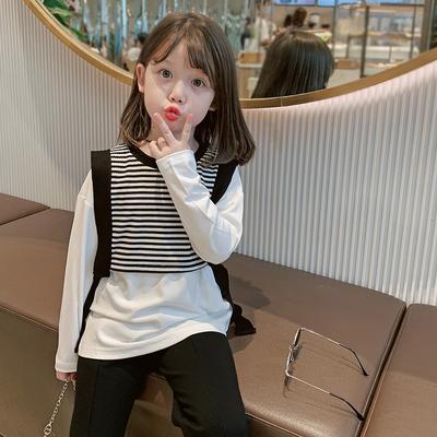 Kızlar Uzun Kollu T-shirt Gündelik Üst Tee Örme Şerit Dikiş Üst