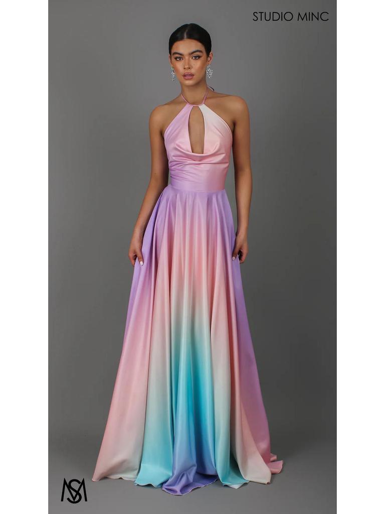 2026 Elegantes Abendkleid mit tiefem V-Ausschnitt und Farbverlauf: Damenkleid mit taillierter Taille, großem Saum, lang